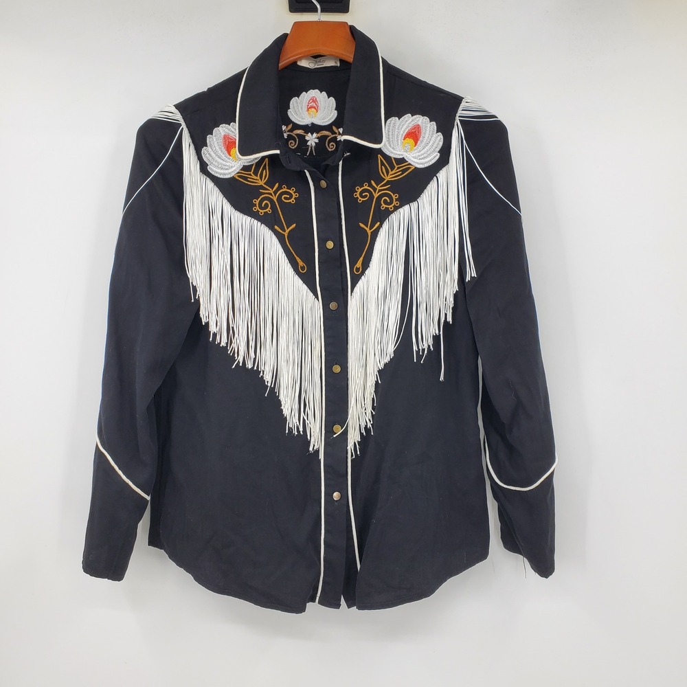 John Moon Texas Womens Small Black Embroidered Fringe Western Snap Shirt Cowgirl